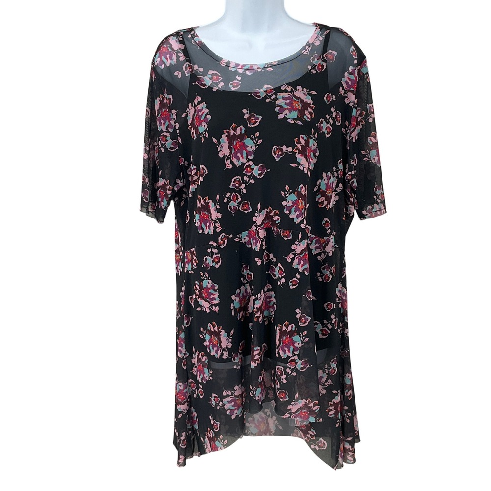 Lane Bryant Tunic Top Women 16 Black Floral Mesh Overlay Sheer Boho Whimsigoth